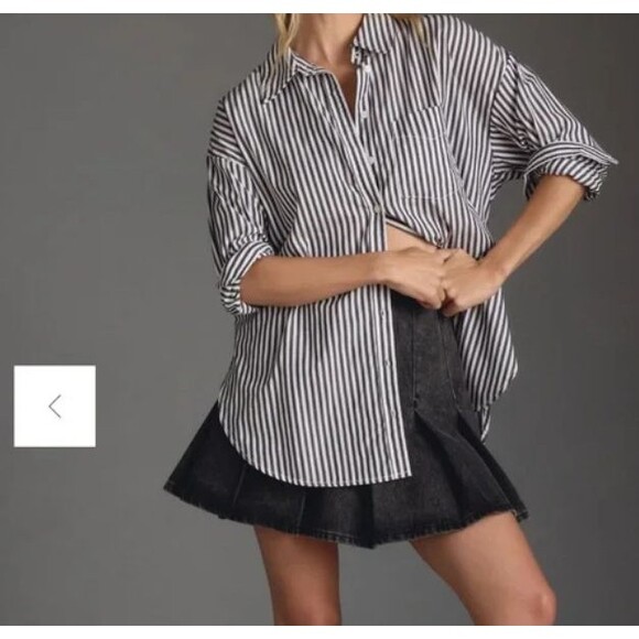 Maeve Anthropologie Shirt Womens L Striped Oversized Button Up Long Sleeve Green - Picture 2 of 6